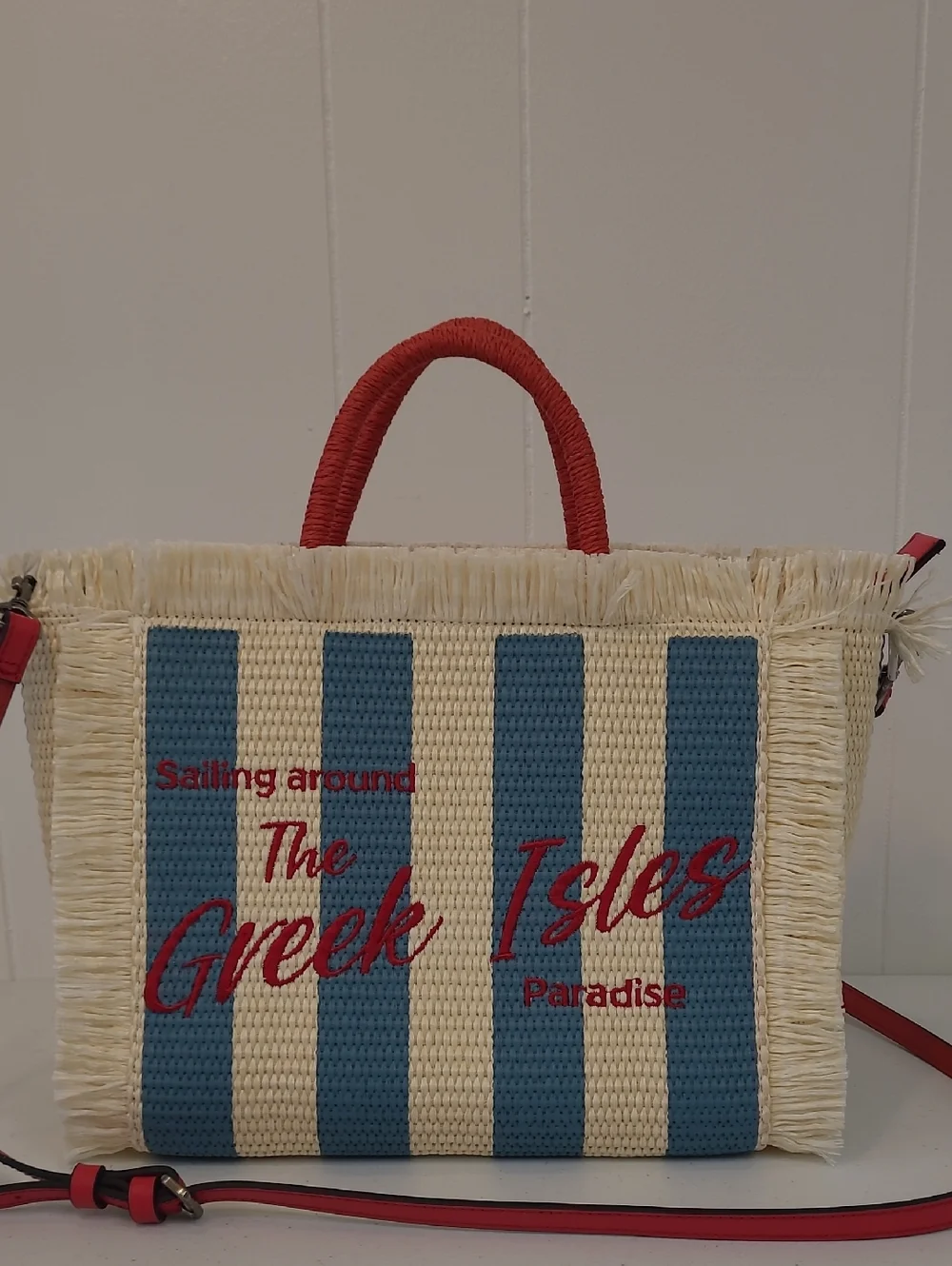 Patricia Nash Greek Isles Straw Tote w Blue Stripes & Red Accent+ CrossbodyStrap